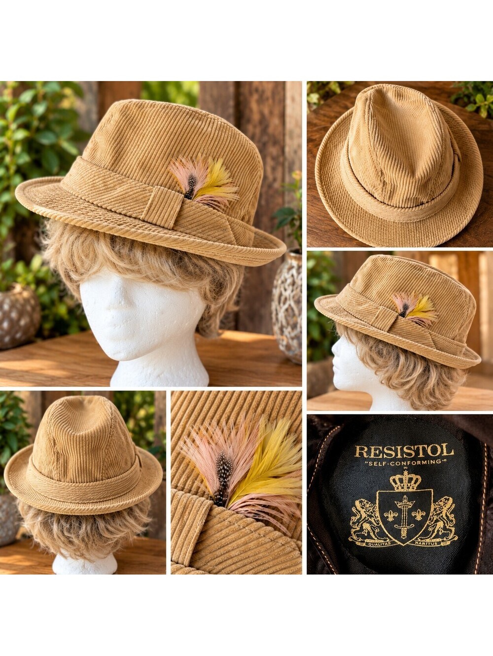 Vintage Resistol Eddie Bauer Corduroy Fedora Hat 7 3/8 Self Conforming Tan...